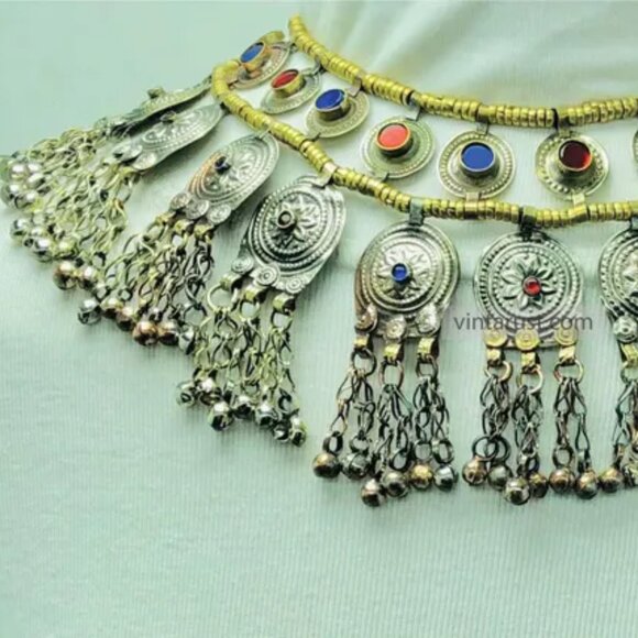 Gypsy Statement Necklace, Handmade Multi Layer Afghan Choker with Bells - Picture 6 of 10